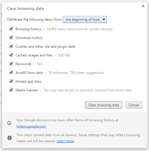 Clear Cookies and Caches in Google Chrome