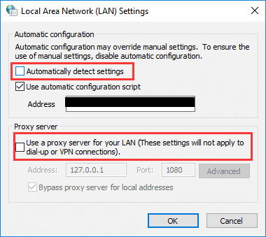 Automatic LAN Settings err_internet_disconnected