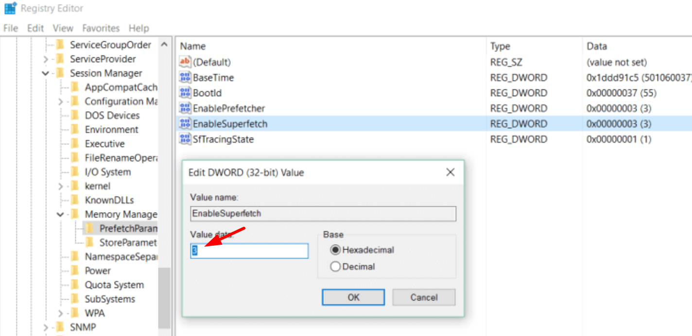 EnableSuperfetch Value 0 to disable SuperFetch in Windows 10