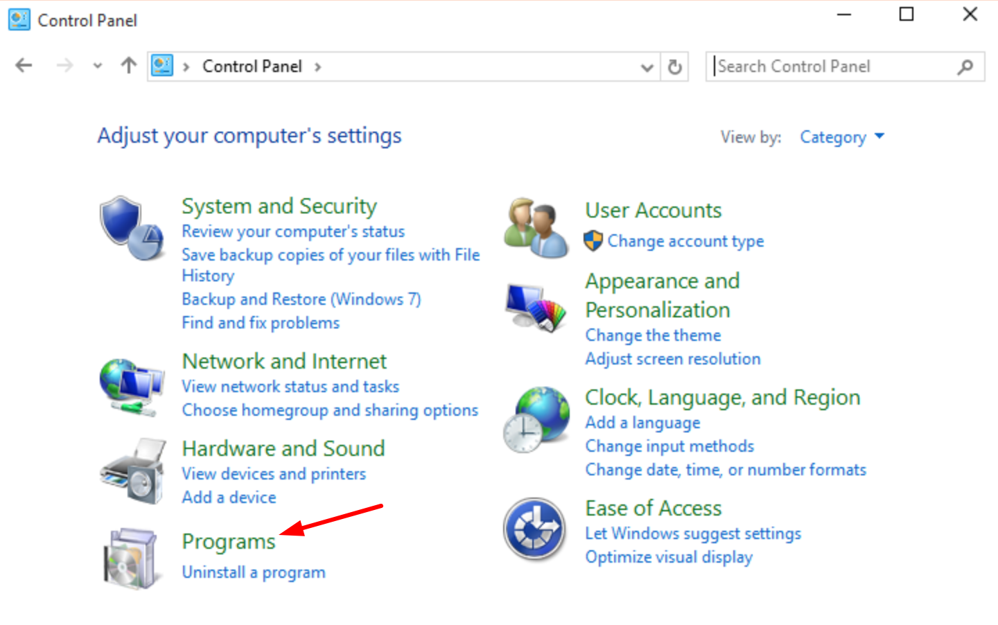 Programs in Control Panel Windows 10