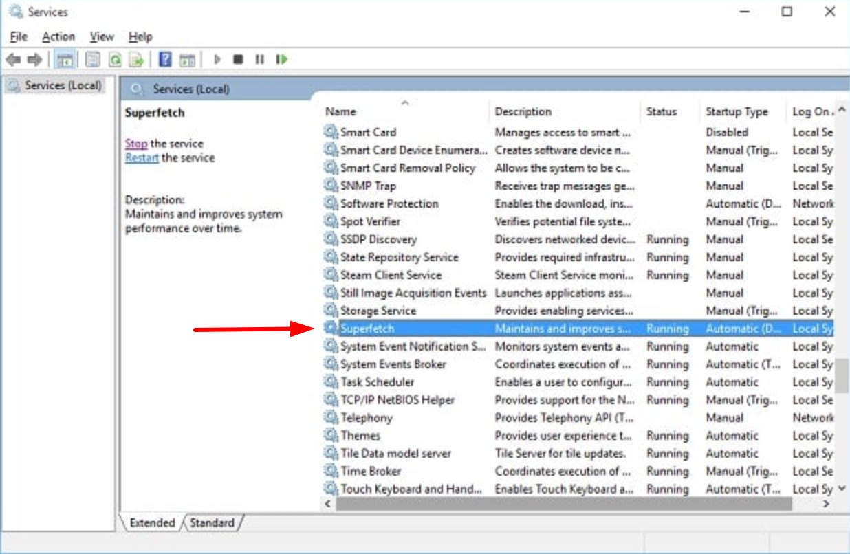 SuperFetch Service in Services Window in Windows 10