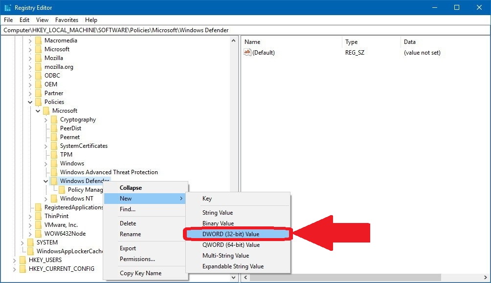 How to Turn Off Windows Defender using Registry Editor