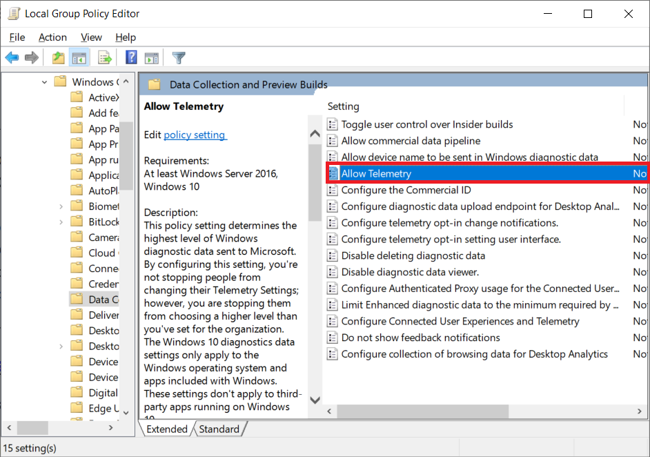 Allow Telemtry option in Policy Editor