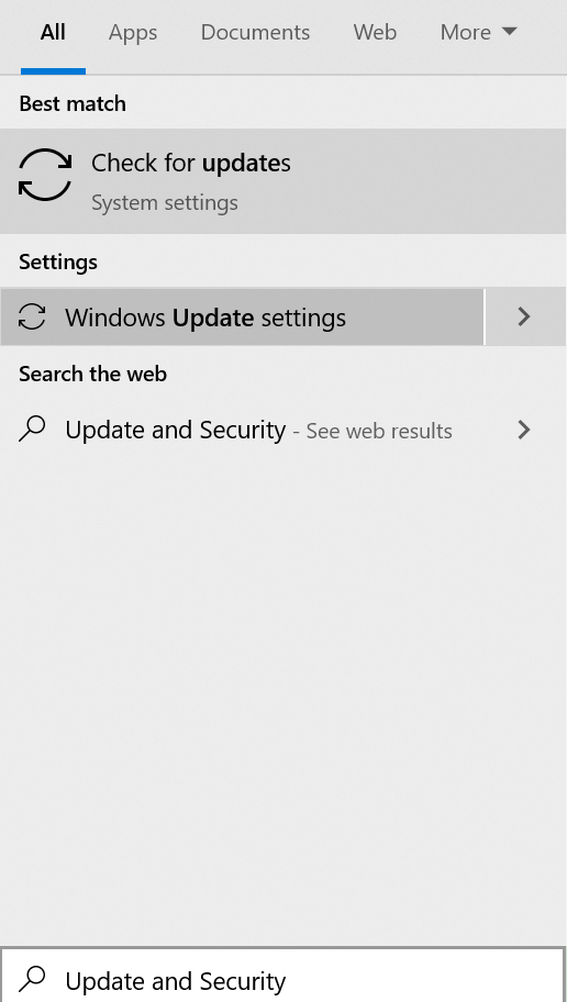 Update and Security Option Windows 10