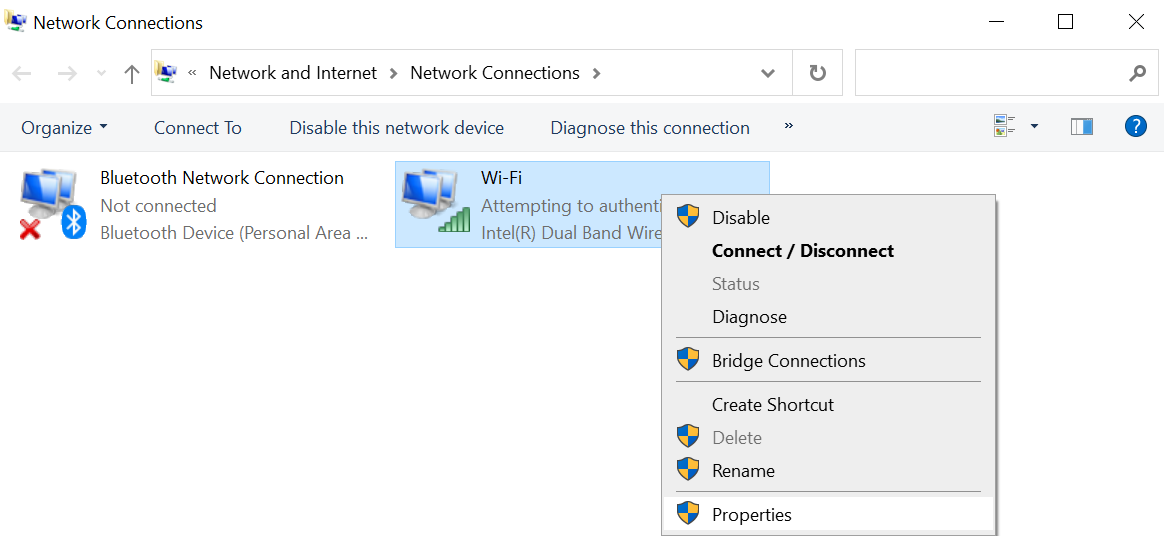 Internet Connection Properties Option