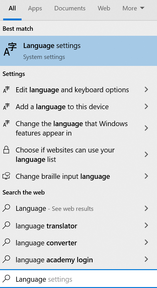 Language Option in Windows Search Box