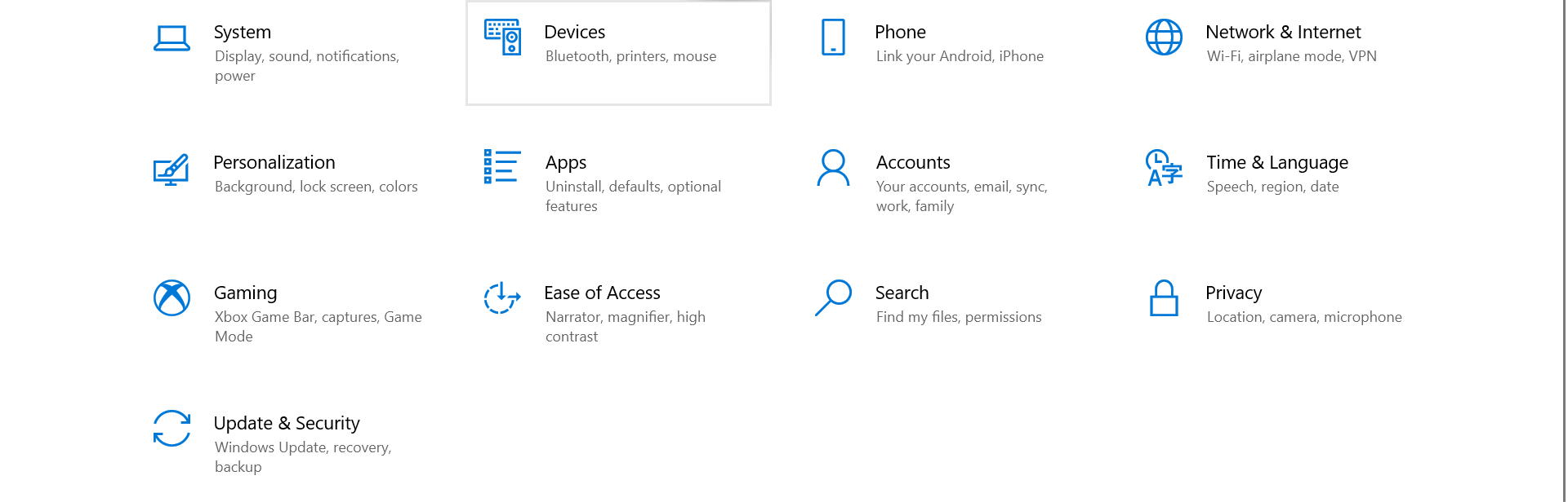 Devices option in Settings