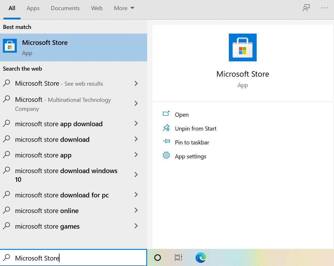 Microsoft Store Option in Windows Search Box