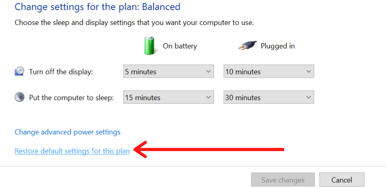 Restore default settings for this plan