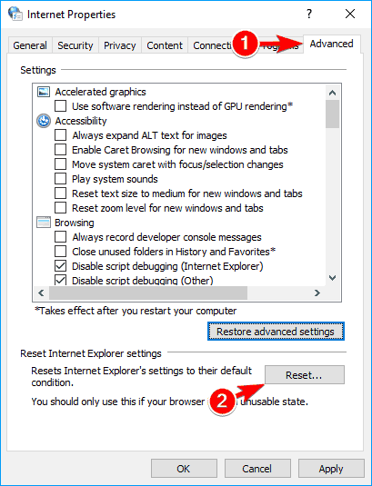 Internet Options on Windows 10