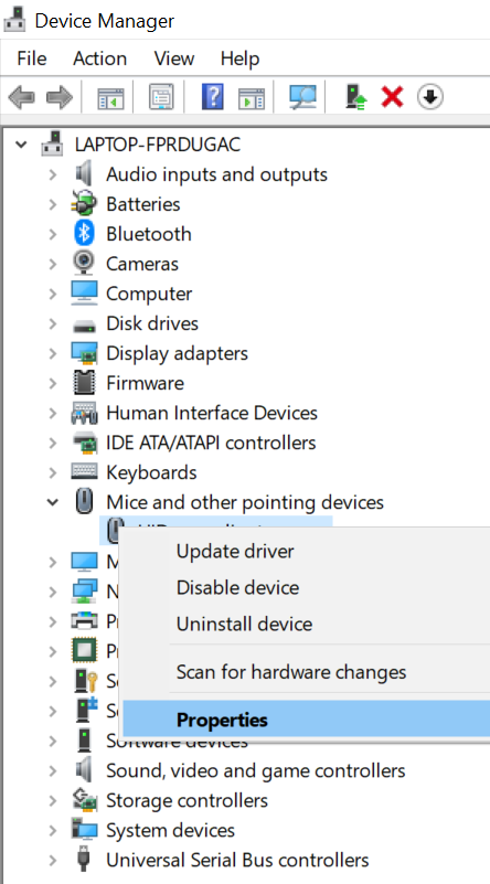 Mouse Driver Properties to fix Touchpad not working